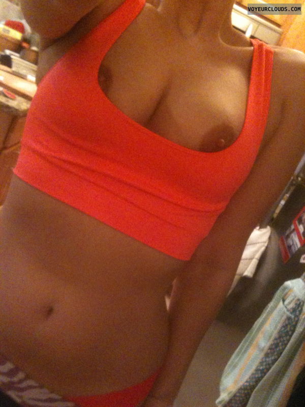 exposed tits, red top, self photo
