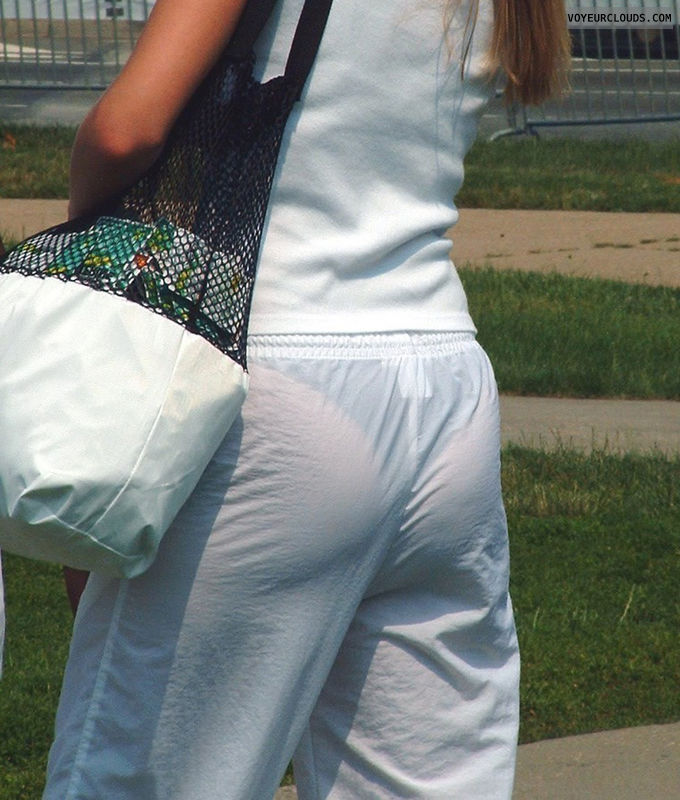 street voyeur, white pants, seethrough pants, exposed thong