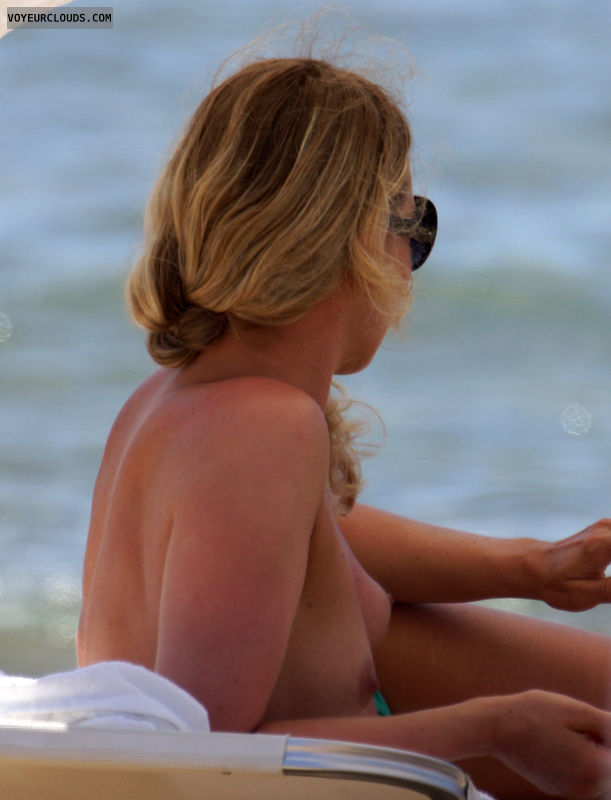 beach voyeur, blonde, topless, sunglasses, small tits