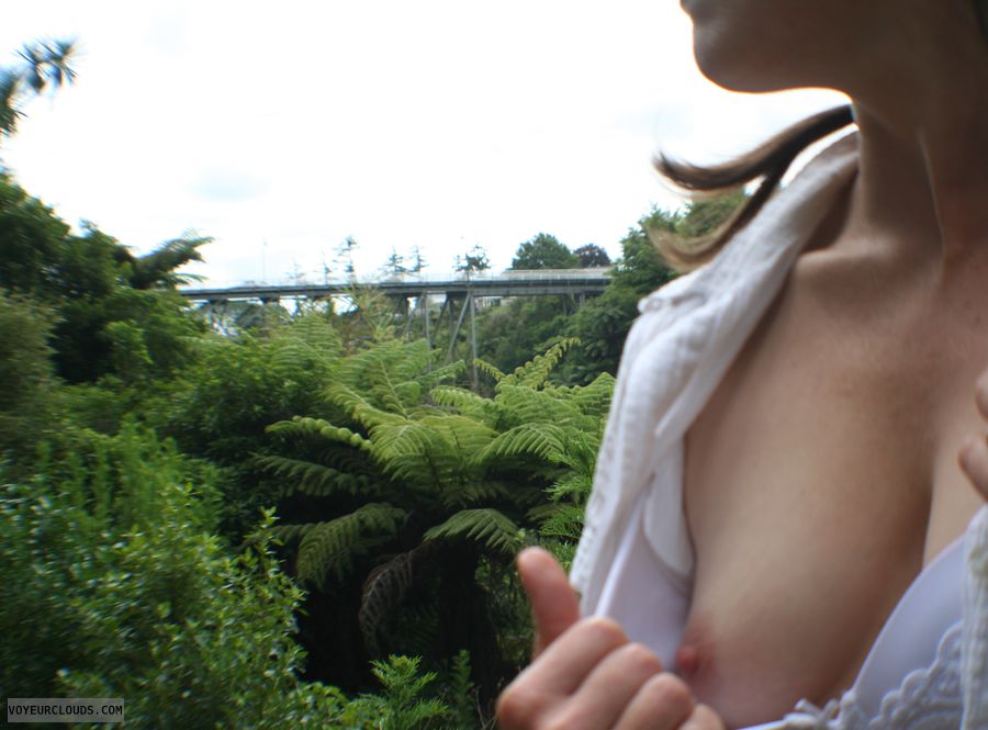 nip, one tit, small tits, flashing, outdoors, bridge