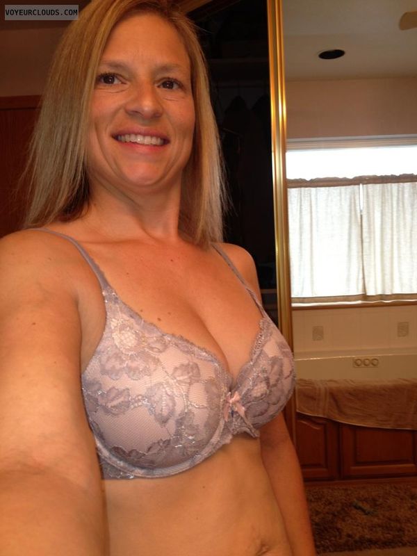 blonde milf, self shot, smile, cleavage, lacey, wife in lingerie