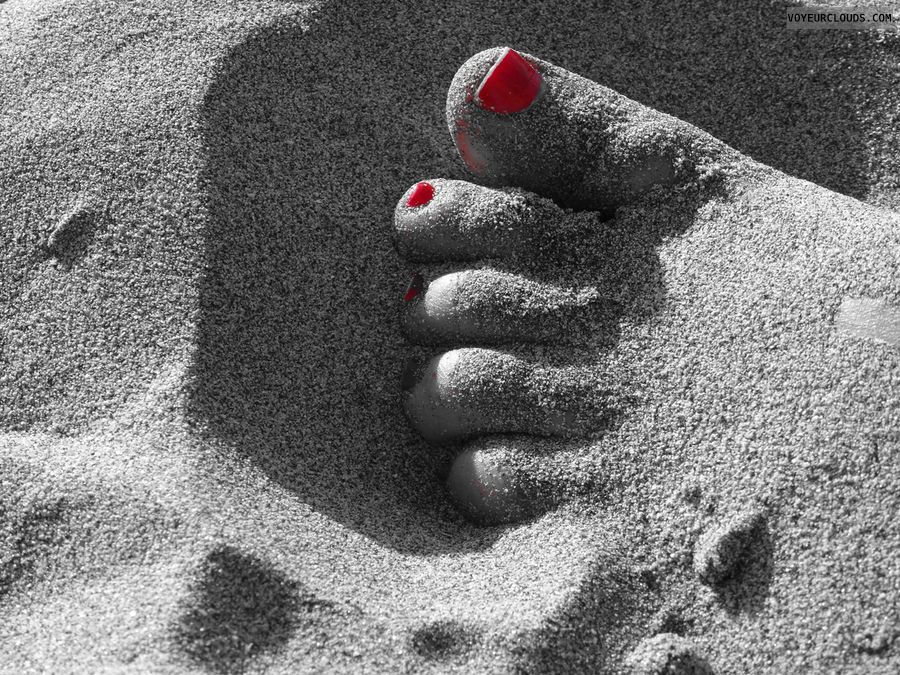 red, nails, foot, sand