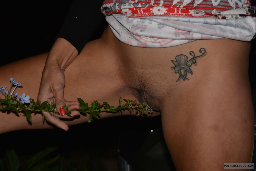 wife pussy, flowers, outdoors, legs spread, tatoo