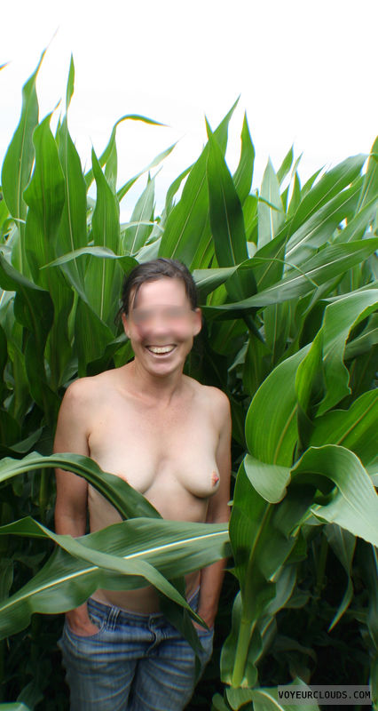 maize, corn, outside, small tits, nature, smiling