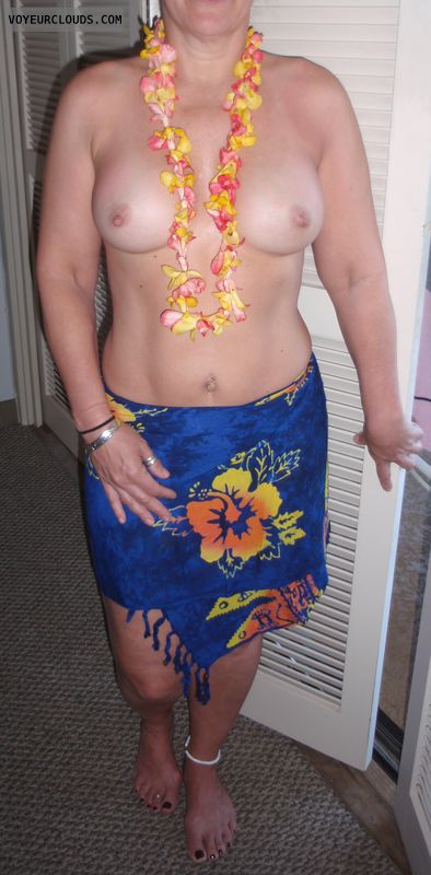 wife tits, topless wife, topless wife, sarong, lei