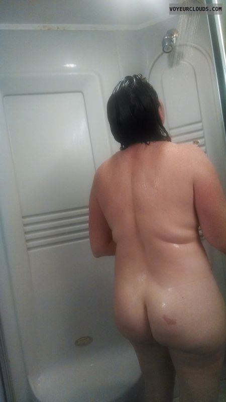 nude wife, naked wife, showering, wet skin, back view