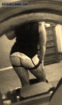 Wife ass, milf ass, black lace, lace stockings, mirror