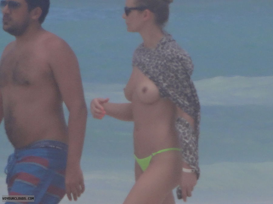beach voyeur, topless, yellow thong, small tits, small boobs
