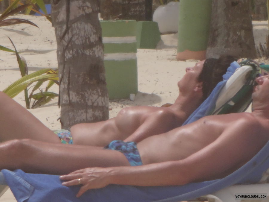 topless, beach, sunbathing