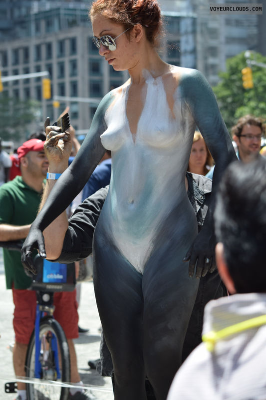 street voyeur, body paint, small tits, shaved pussy