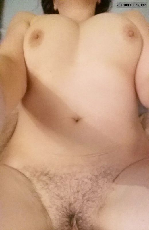 hairy pussy, medium tits, hard nipples