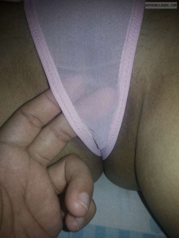 pink thong, pussy peek, transparent thong, shaved pussy