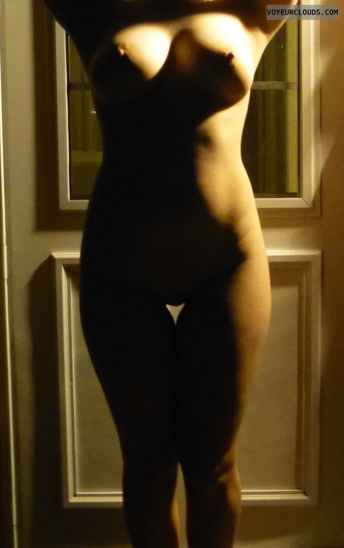 nude woman, outside, shadows, naked, hard nipples