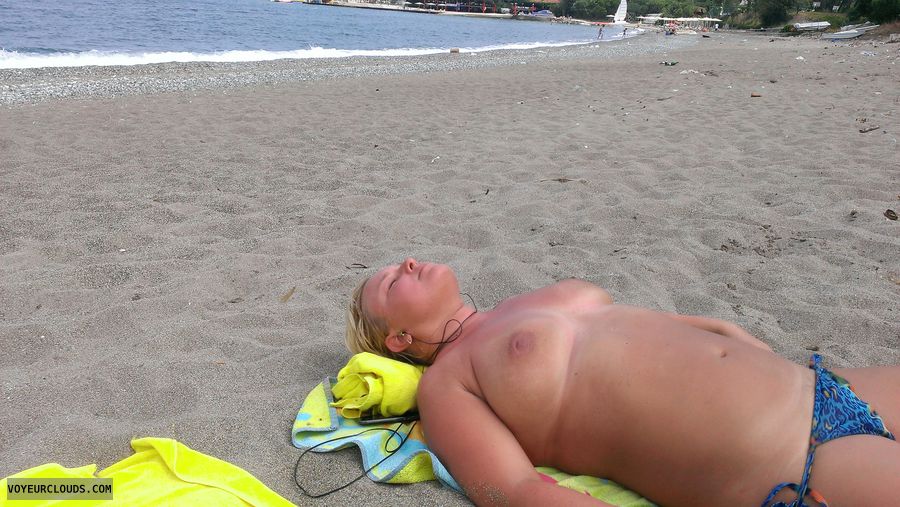 wife topless, big tits, wife beach