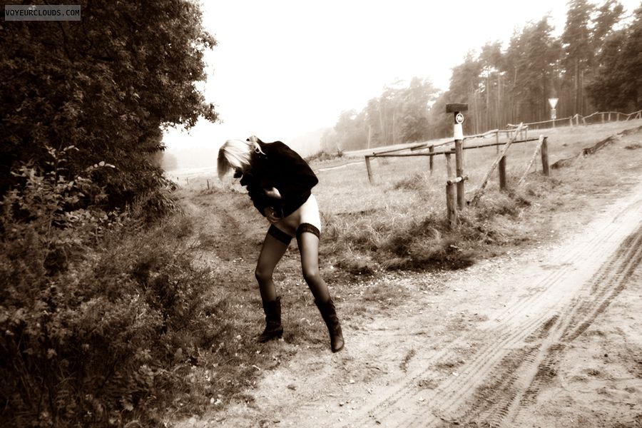 outdoor pissing, black stockings, nylons, sepia