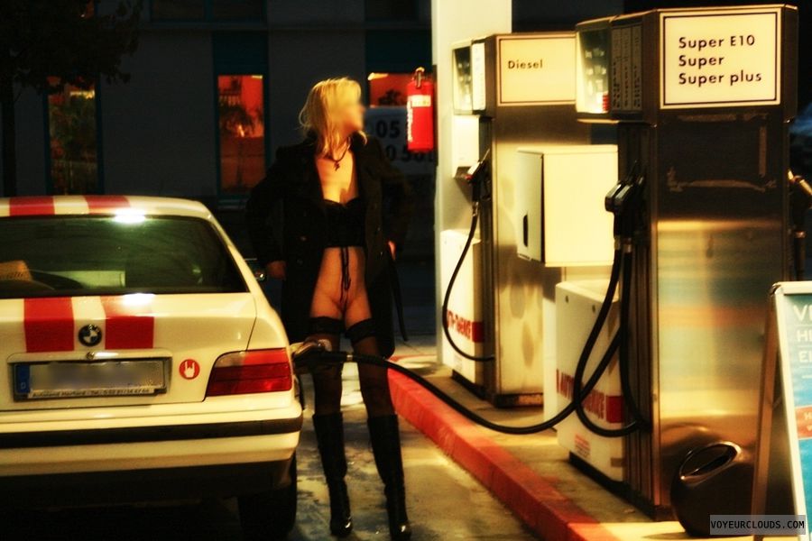 public, black stockings, shaved pussy, slipless, gas station