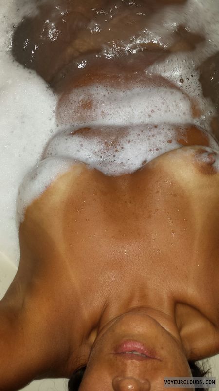 nude woman, bath pic, tanlines, soapy tits