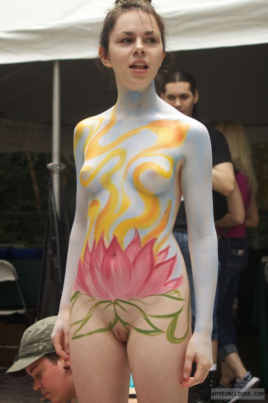 nybpd, nude woman, body paint, nude outdoors, shaved pussy