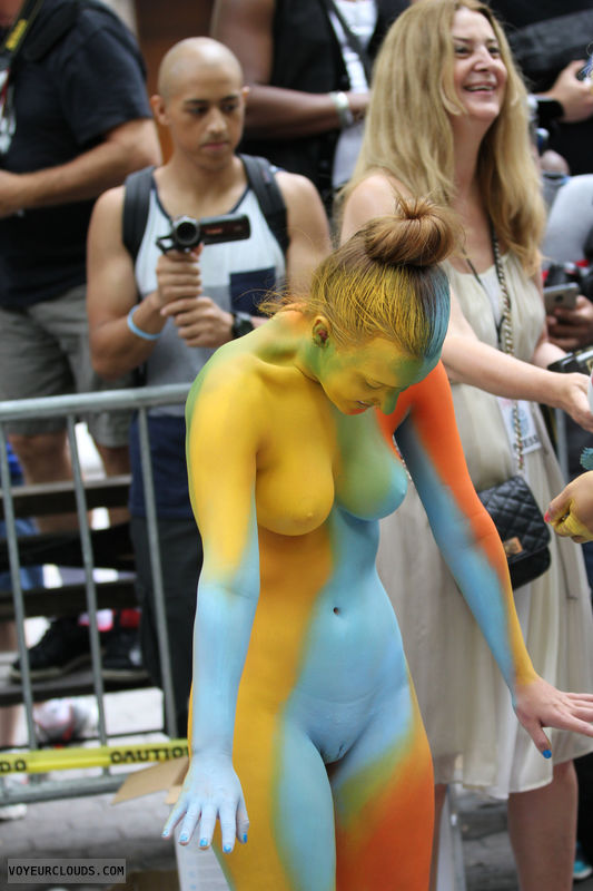 nybpd, nude woman, body paint, nude outdoors