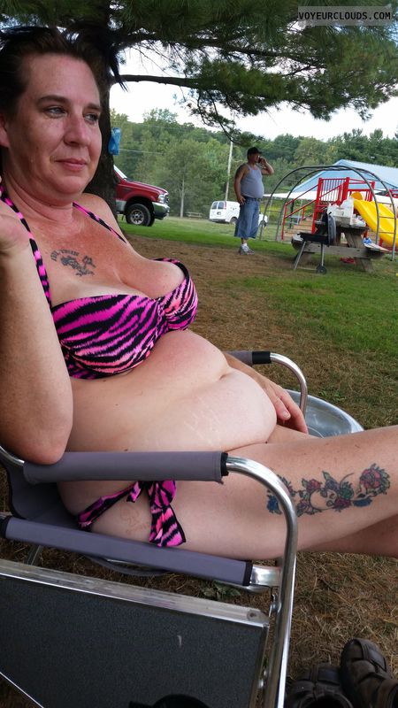 bikini, big tits, outside, public, sun tanning, tattoo
