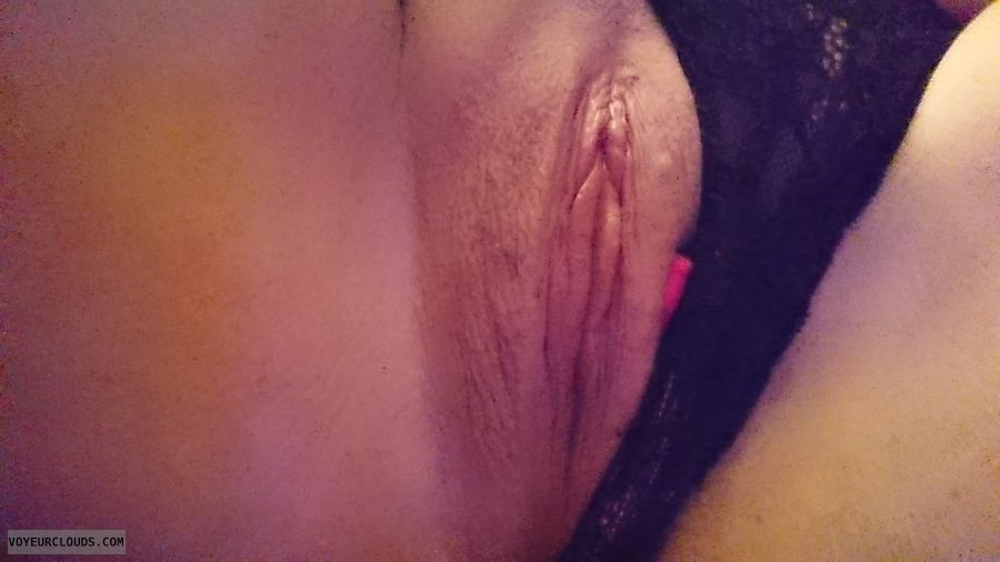 shaved pussy, pussy lips, black panties, spread legs