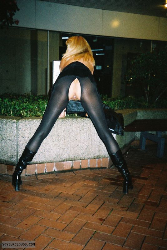 blonde, boots, outdoor, public, doggy, long legs