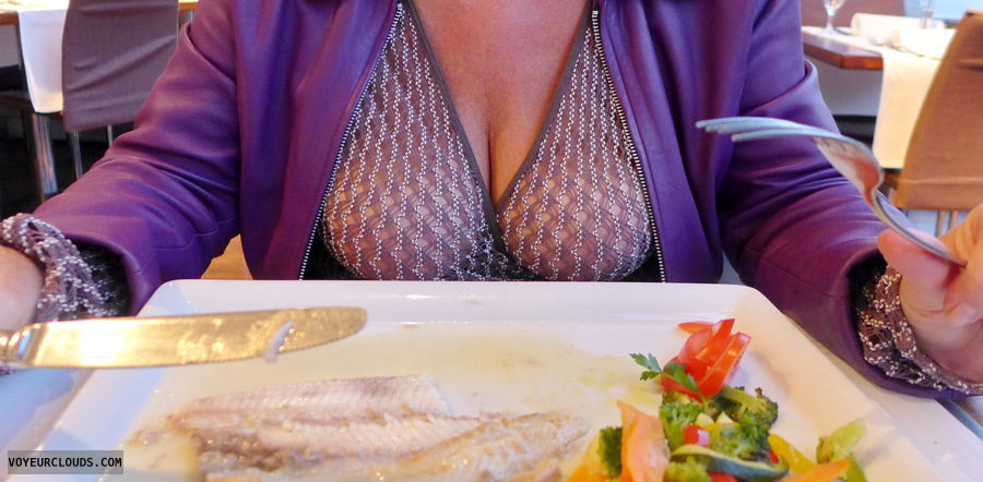 erotic dinner, big boobs in the restaurant, exhibitionism