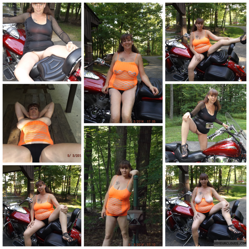 collage, outside, public, bike, tits, big tits, pussy