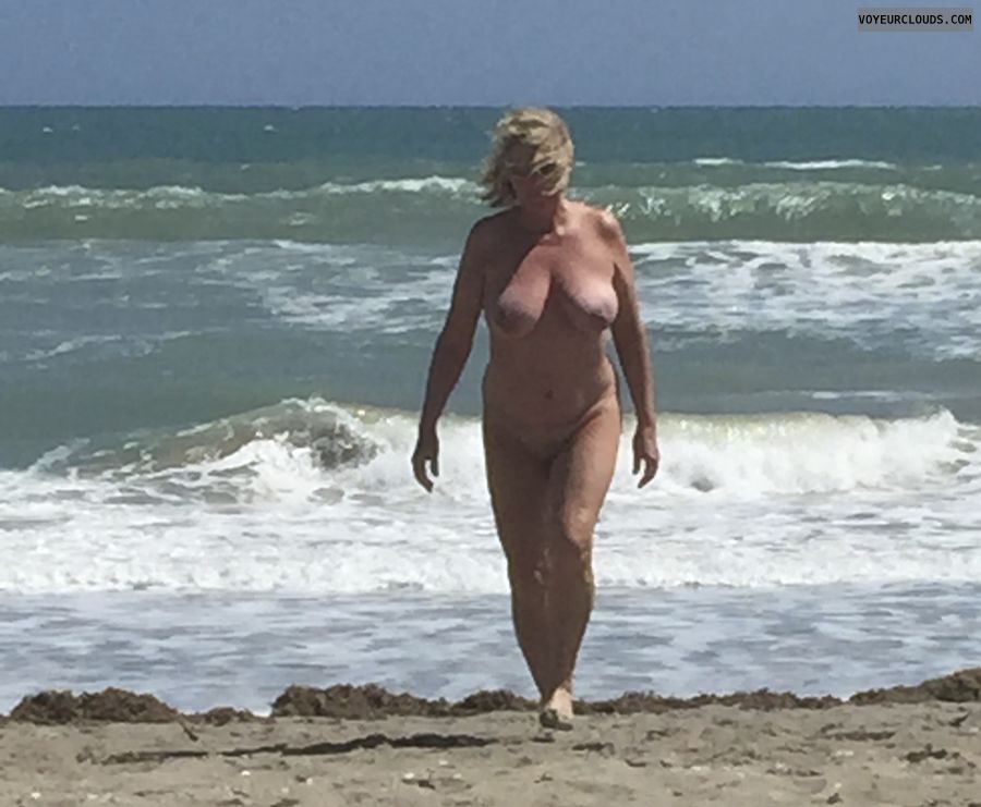 nude woman, large tits, public nudity, beach pic