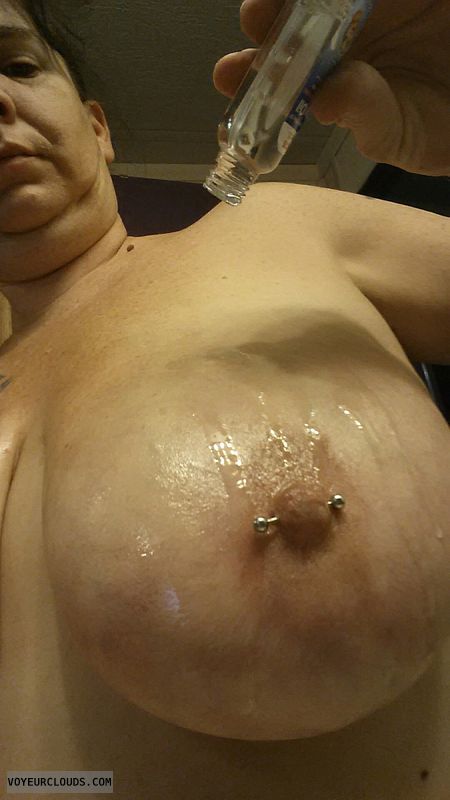 baby oil, selfie, tit, bid tit, hard nipple, pierced nipple