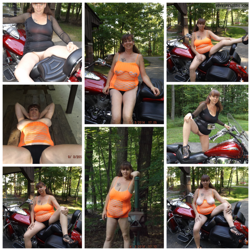 collage, wife, milf, bike, outside, public, tits, pussy