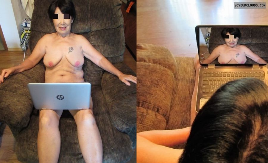 Nude woman, tits, nipples, tattoo, computer