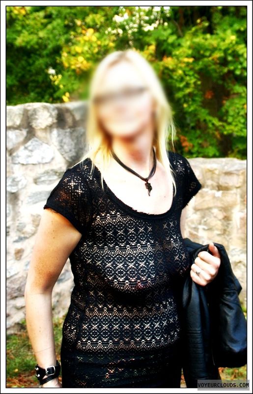 small tits, transparent dress, outdoor, public, blonde