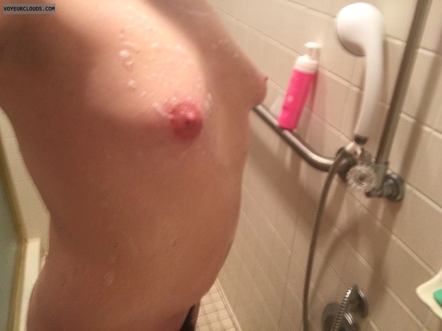 Small tits, tits, shower, nipples, pubic hair, ass