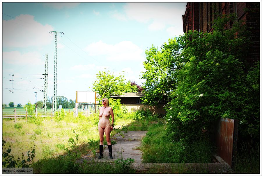 nude wife, milf, outdoor, public, boots, long legs