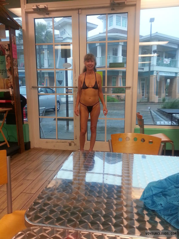 transparent bikini, bikini in coffee shop, public thong bikini