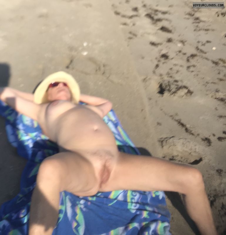 mature, nude, public, beach, pussy, thighs, legs, tits