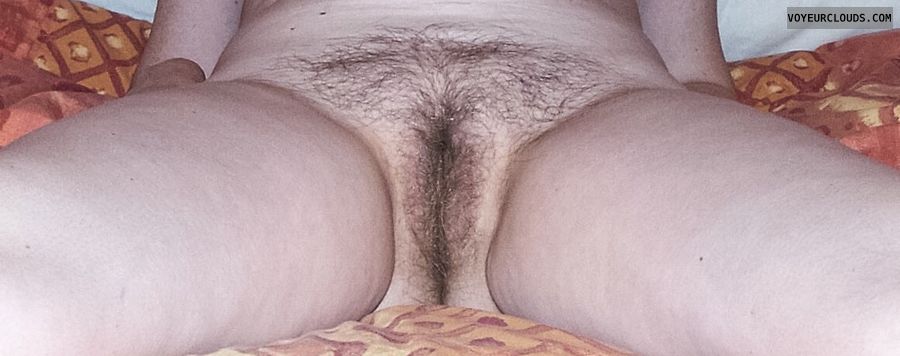 Spread legs, hairy pussy, wife’s pussy, hairy slit