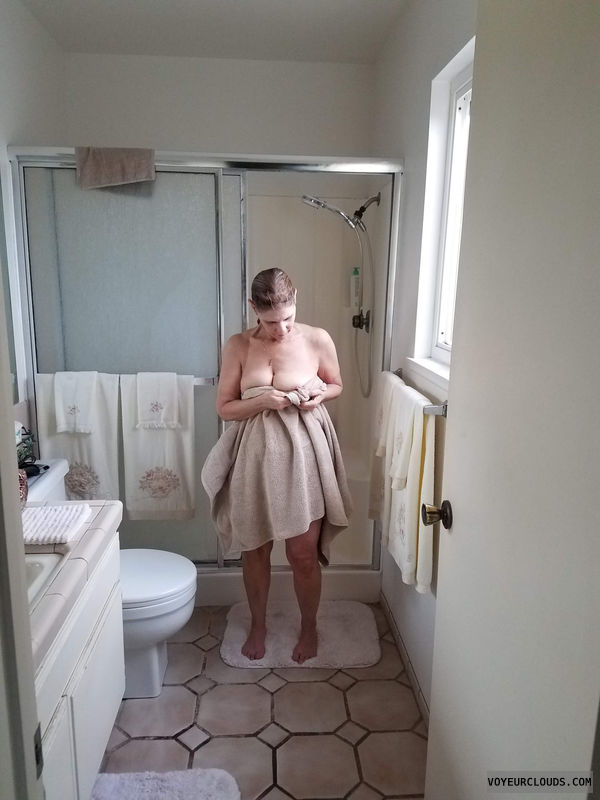 voyeured wife, bug tits, nipples, naked in batchroom