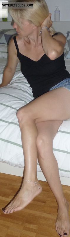 Anklet, feet, legs, blonde, foot fetish, denim shorts